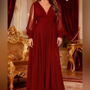 Chic Long Sleeve Red Maxi Dress